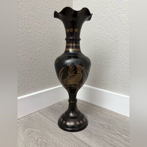 Vtg  14.5 " Solid Brass Flute Vase Heavy Etched designed Ducks India preowned